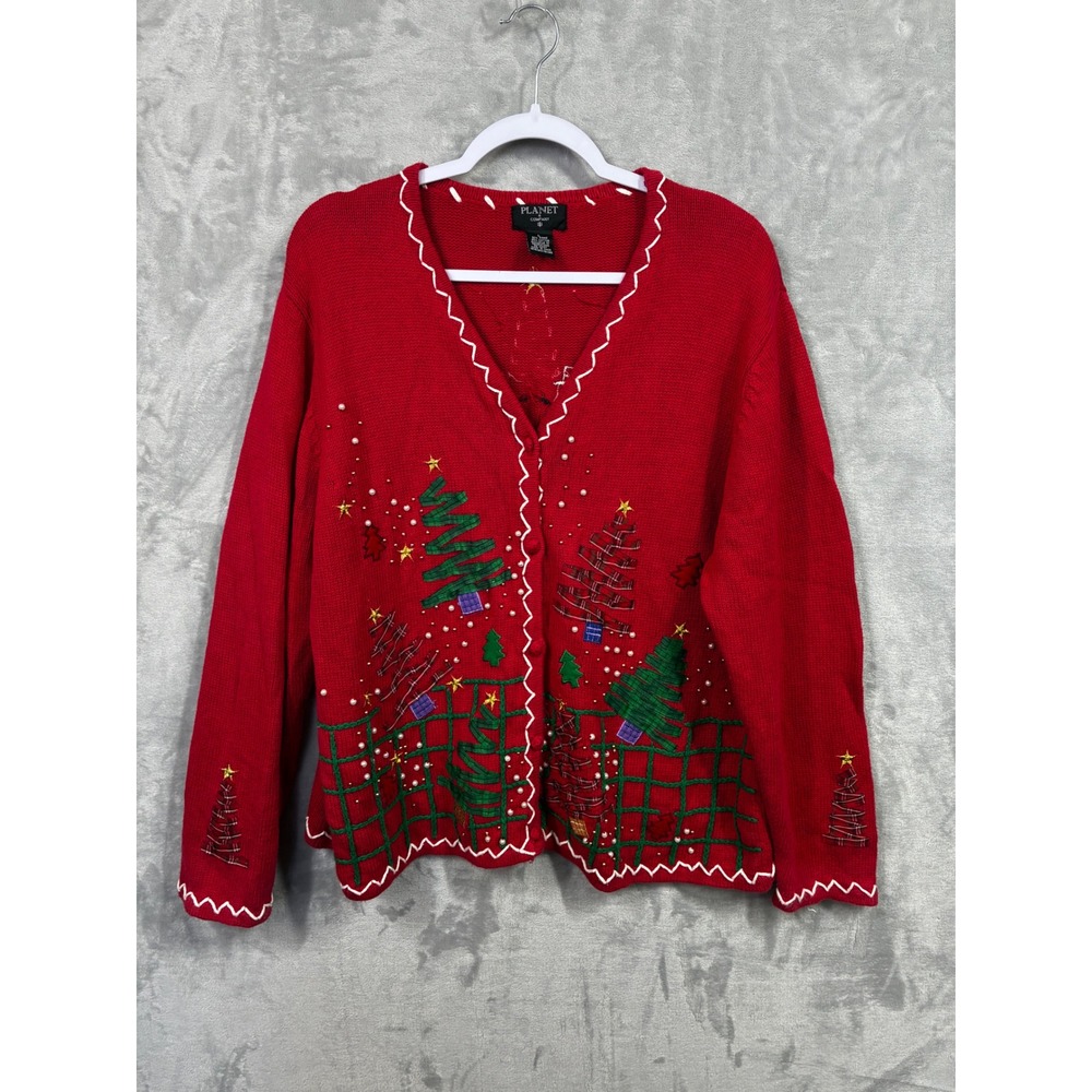 Planet & Company Red Christmas Cardigan Snowman Tree Embroidery Women Large
